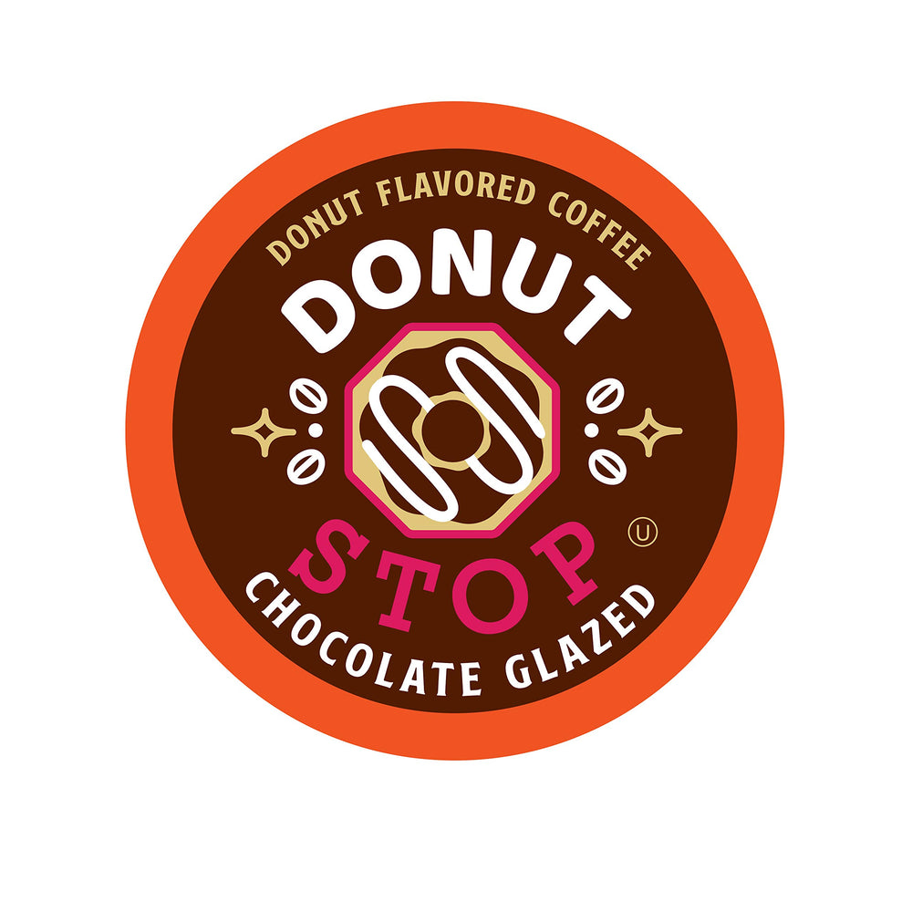 Donut Stop front packaging showing chocolate glazed flavor and 40-count convenience