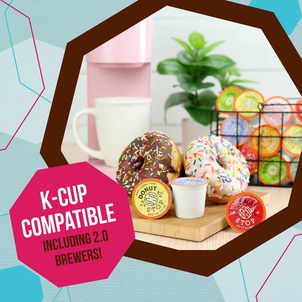 Box of 40 Donut Stop pods stacked to show scale and value for daily indulgence