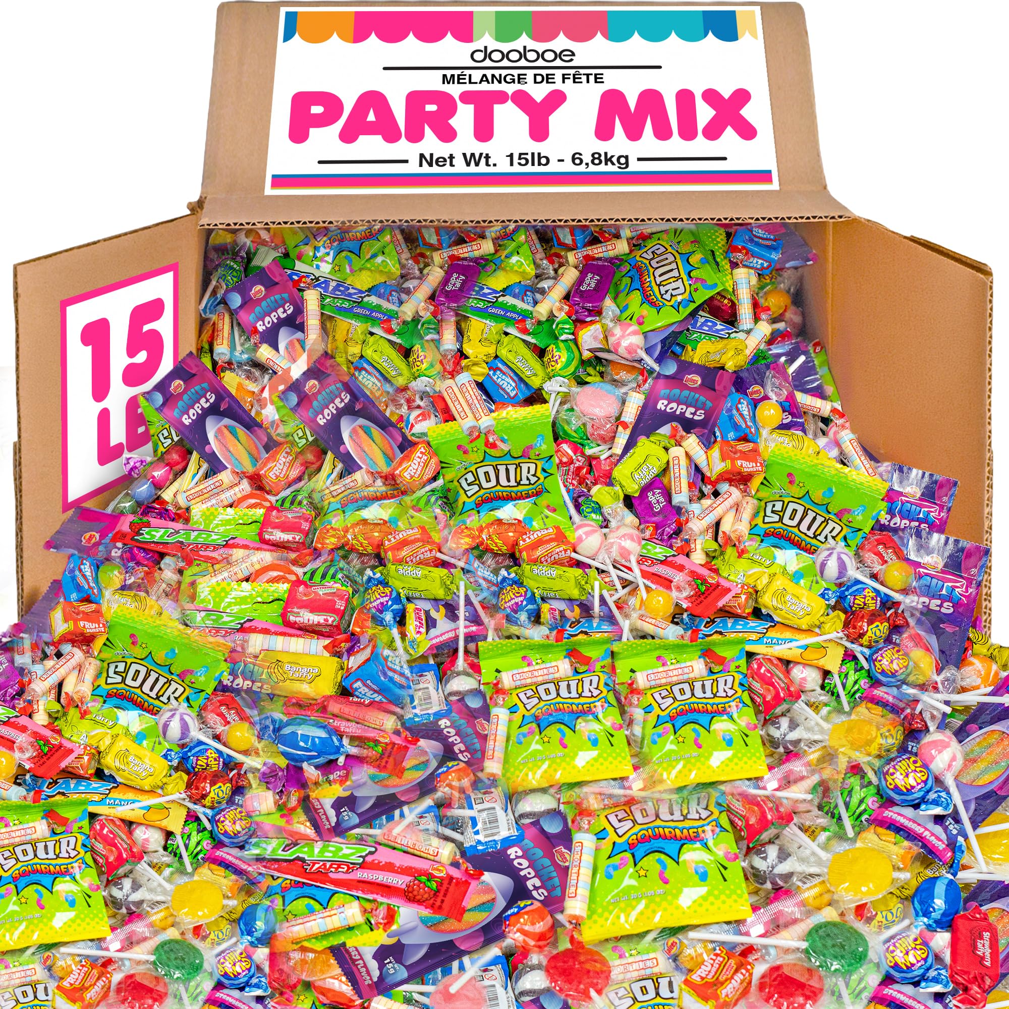 Dooboe front packaging showing 15 lb bulk bag and assortment benefit
