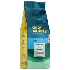 Door County Coffee front bag showing Cherry Creme DECAF label and benefit of decaf flavor
