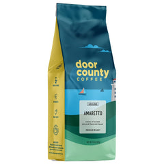 Door County Coffee front packaging showing 10 oz bag and amaretto flavor benefits