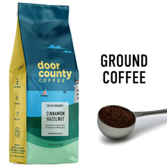 Door County Coffee closeup of roast label highlighting small batch quality