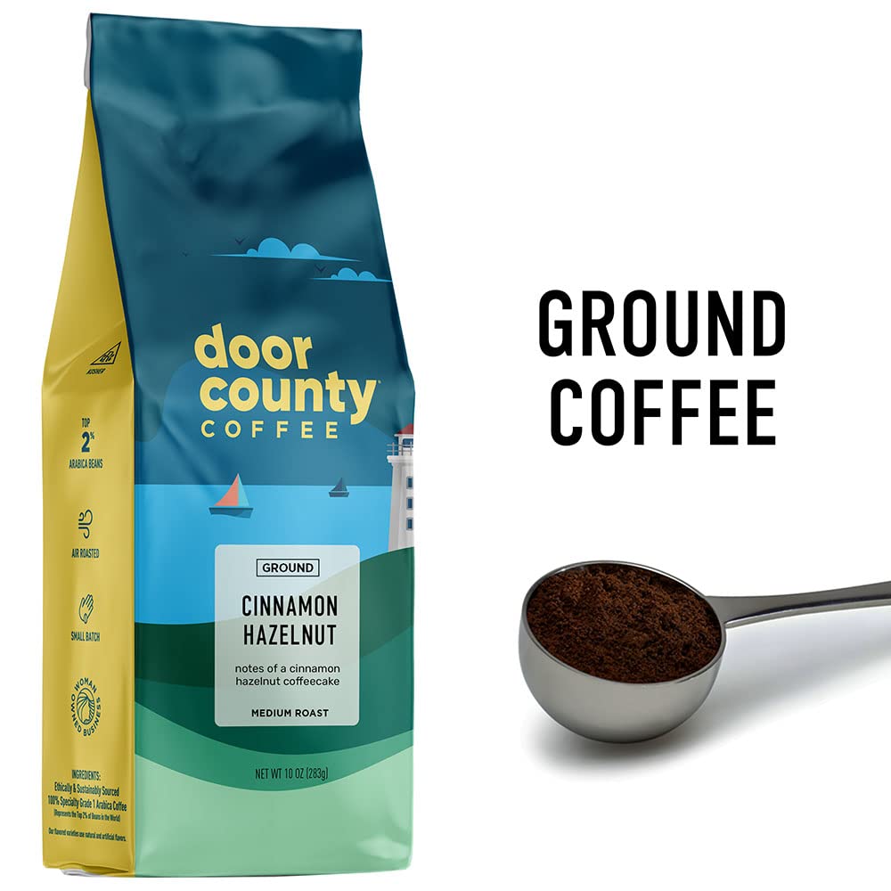 Door County Coffee label close-up highlighting 100% Arabica and medium roast quality