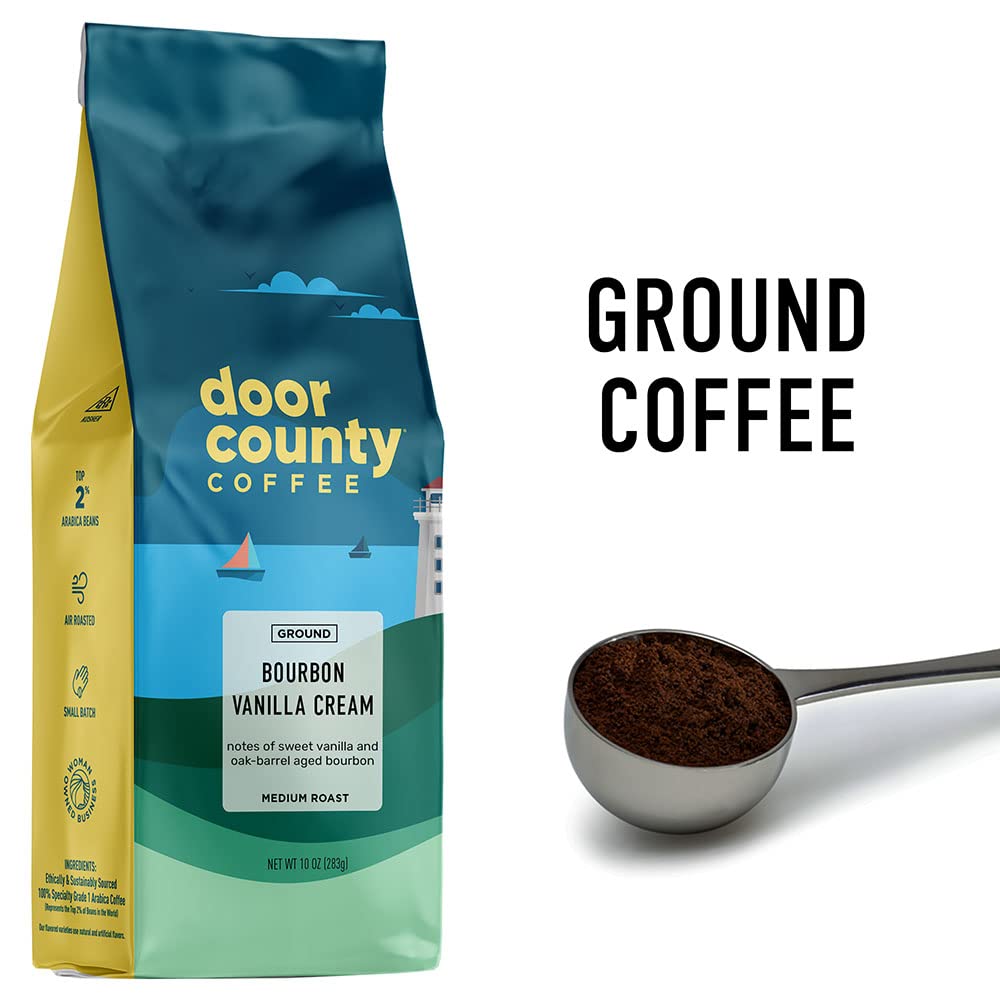 Door County Coffee open bag of ground coffee ready to brew for convenience