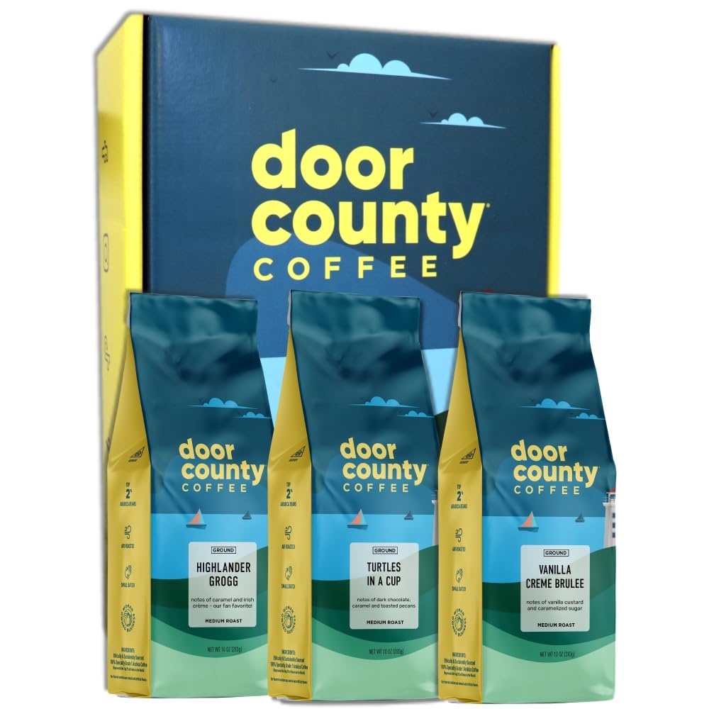 Door County Coffee gift set front packaging showing three 10oz bags, great presentation
