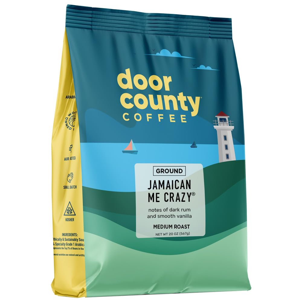 Door County Coffee Jamaican Me Crazy front packaging showing flavor and size