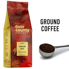 Door County Coffee label close-up highlighting spice blend and roast information