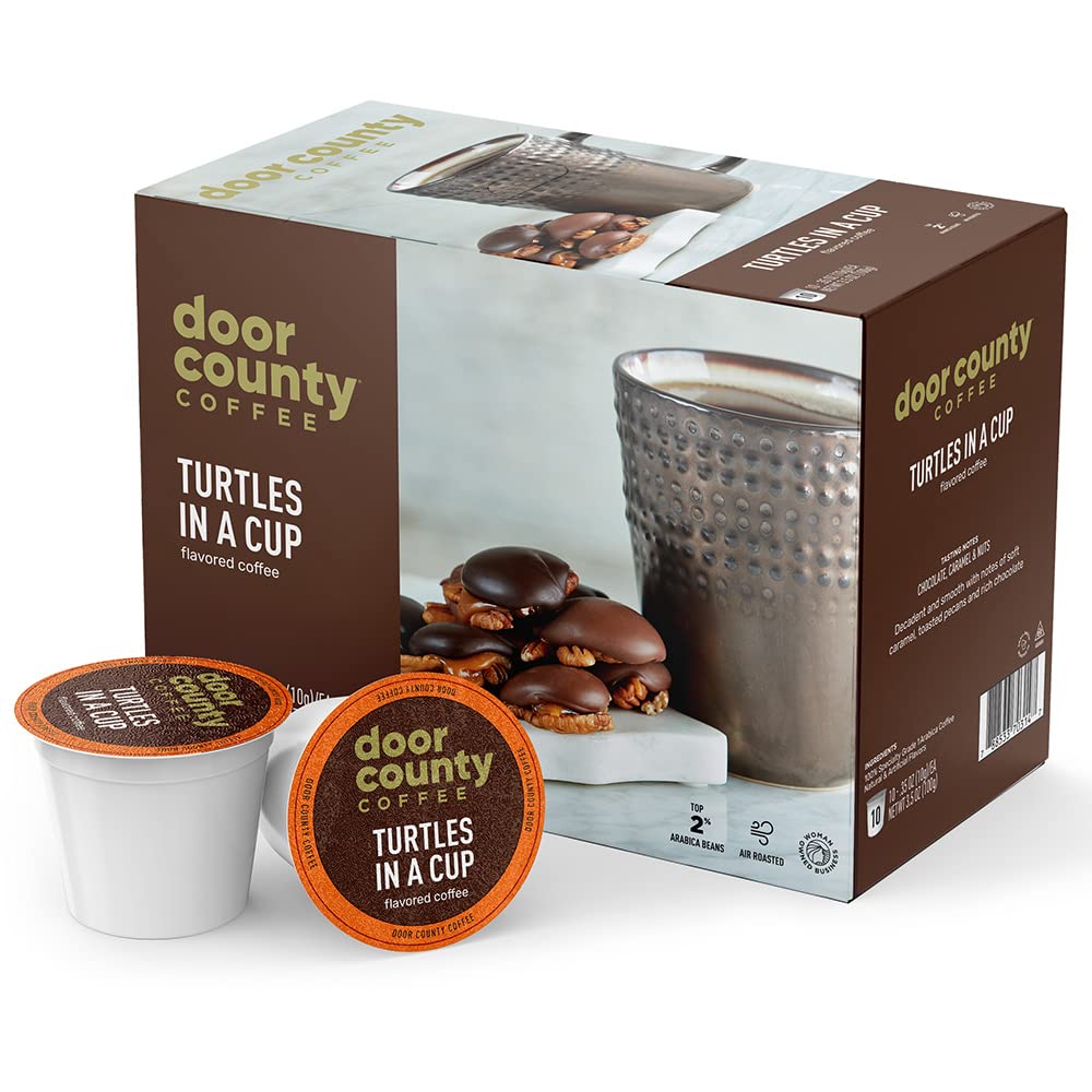 Door County Coffee front packaging showing Turtles in a Cup and flavor benefits