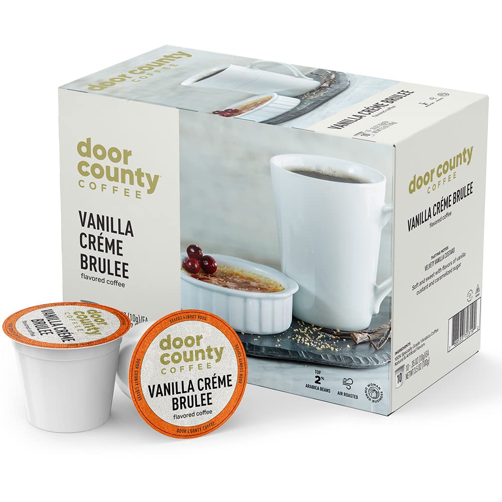 Door County Coffee front packaging showing Vanilla Crème Brûlée pods and branding benefit convenience