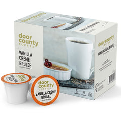 Door County Coffee front packaging showing Vanilla Crème Brûlée pods and branding benefit convenience