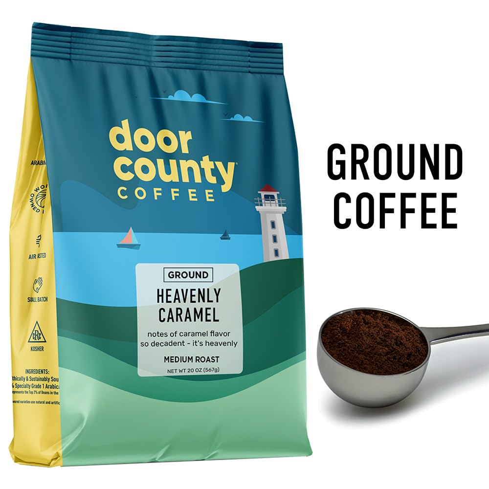 Door County Coffee ground close-up highlighting texture and rich caramel notes