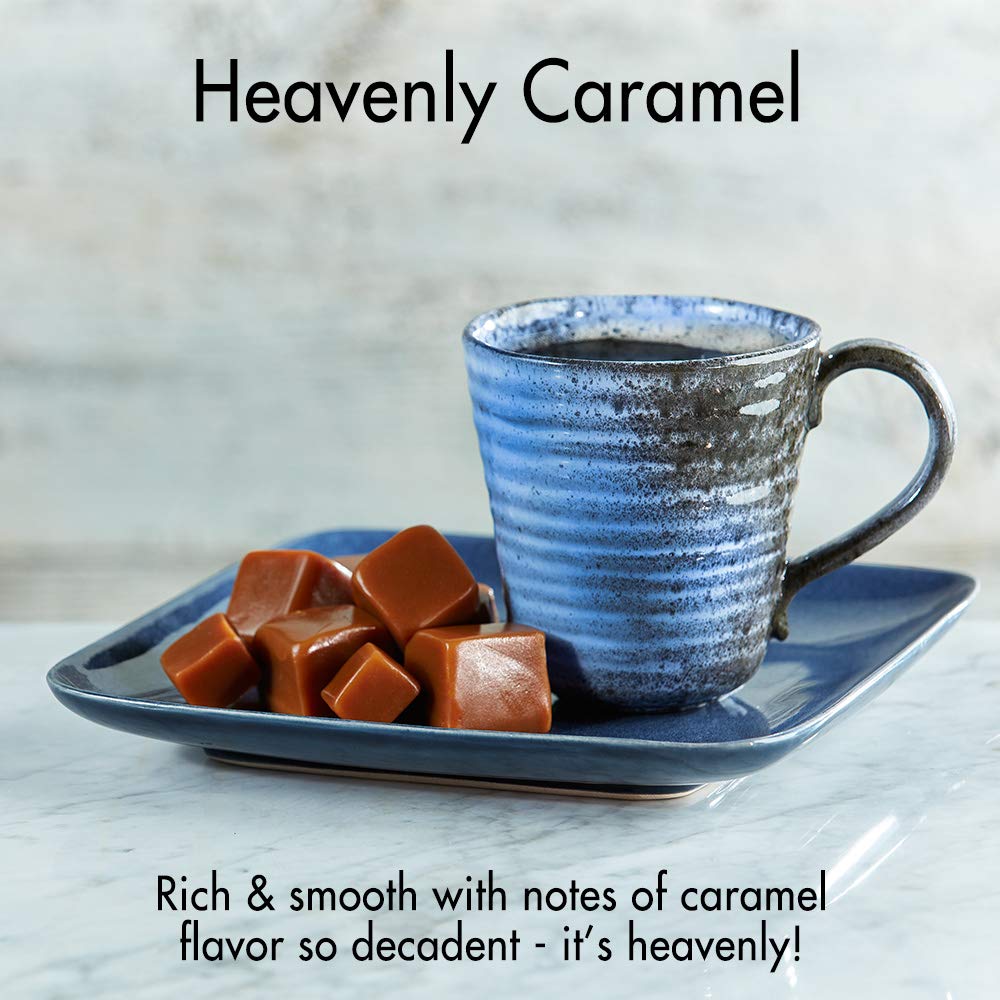 Door County Coffee bag beside poured cup in kitchen showing comforting caramel flavor