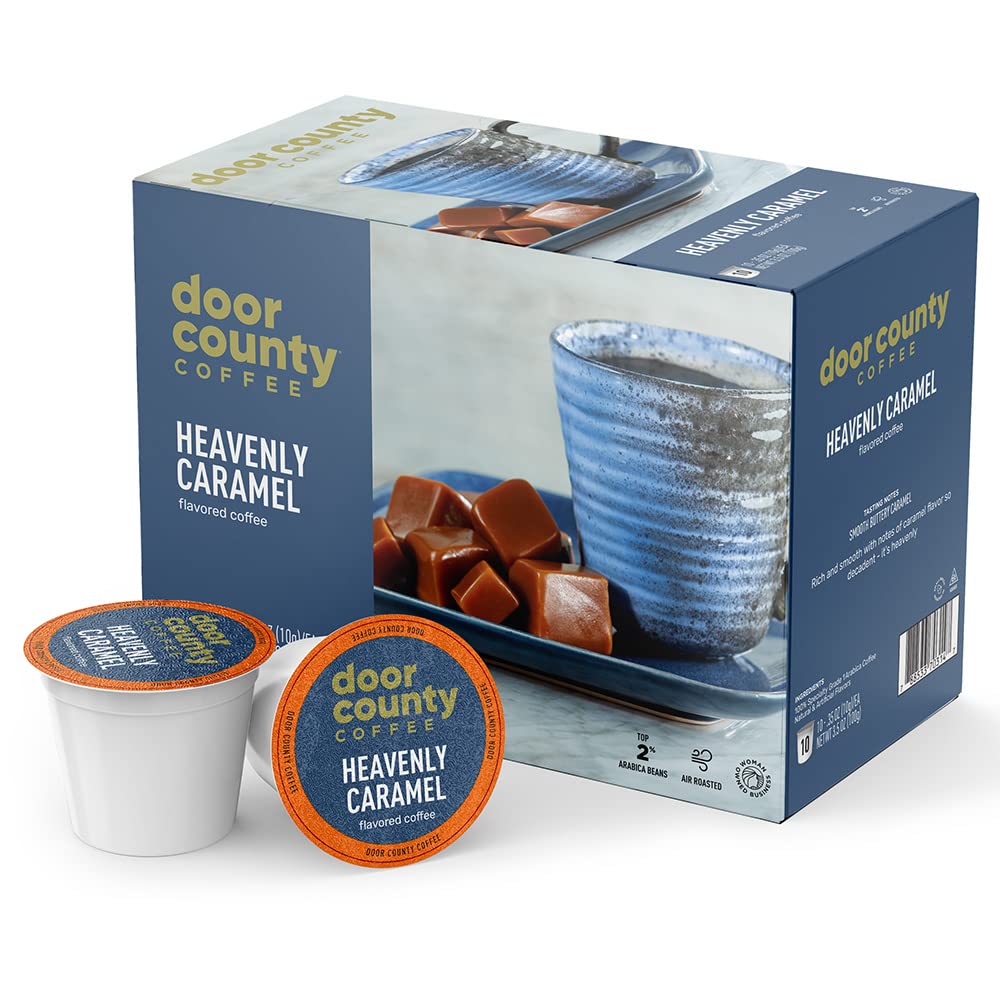 Door County Coffee front packaging showing 10-count single serve cups and caramel appeal