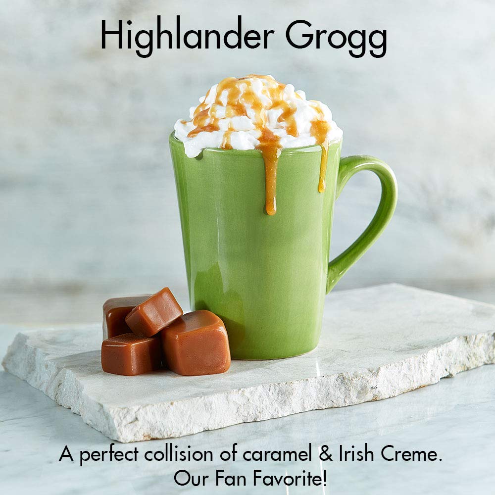 Door County Coffee & Tea Co. Highlander Grogg brewed cup on table, inviting caramel and Irish crème flavors