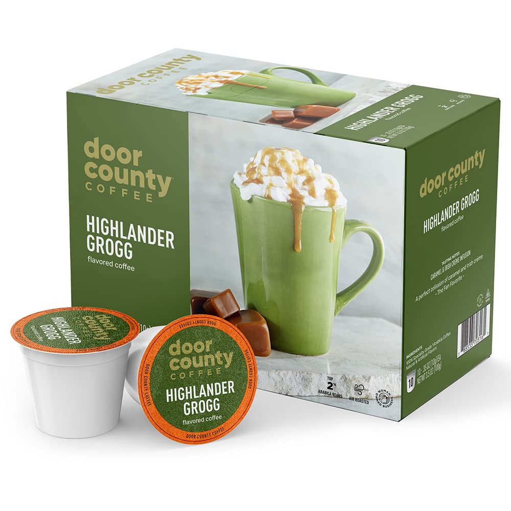 Door County Coffee front packaging showing Highlander Grogg and quick brewing benefit