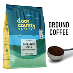Door County Coffee & Tea Co. Highlander Grogg ground coffee close-up, shows smooth texture for even extraction