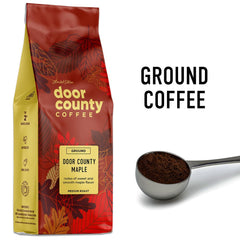 Door County Coffee close-up of ground coffee and beans showing fine texture and freshness