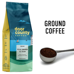 Close-up of Door County Coffee label highlighting 100% Arabica and medium roast benefits