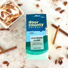 Freshly brewed cup of Door County Pecan Cinnamon coffee revealing rich color and dessert appeal