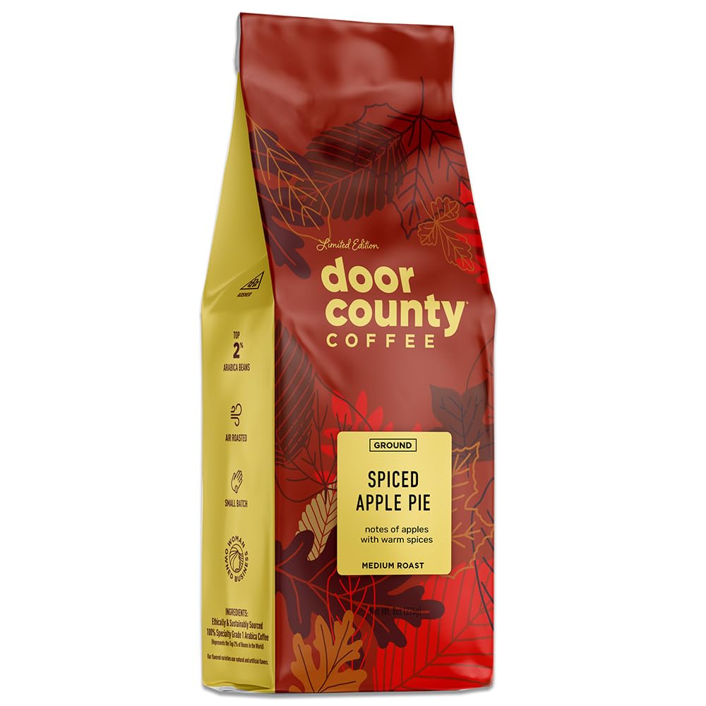 Door County Coffee Spiced Apple Pie front packaging shows seasonal bag and brand