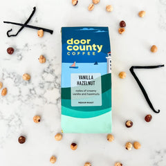 Door County Coffee bag label detail emphasizing flavor and roast info