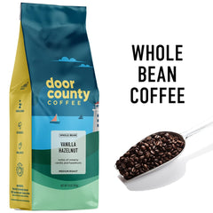 Door County Coffee close-up whole beans highlighting vanilla hazelnut aroma