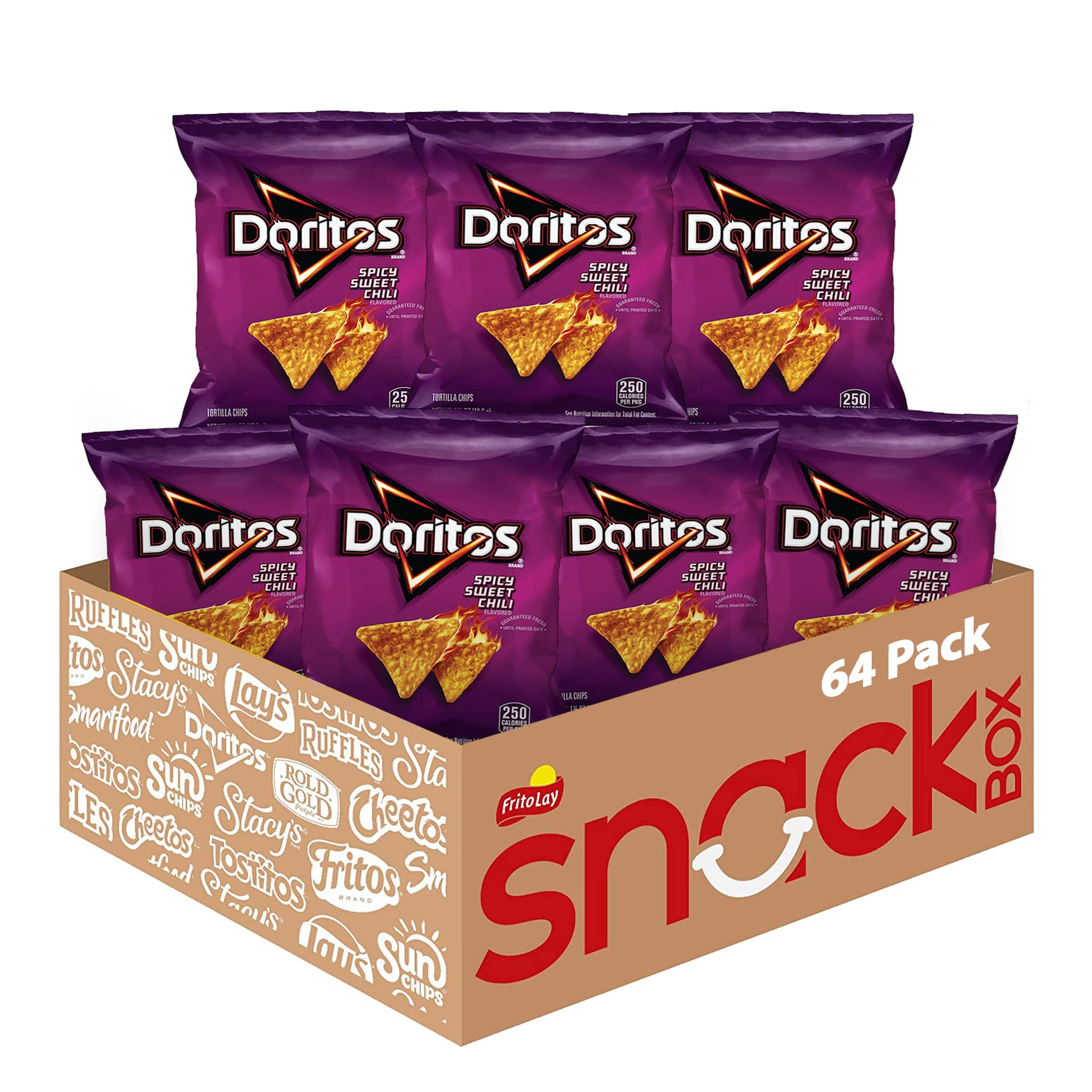 Doritos front packaging showing brand and portioned bags for convenience