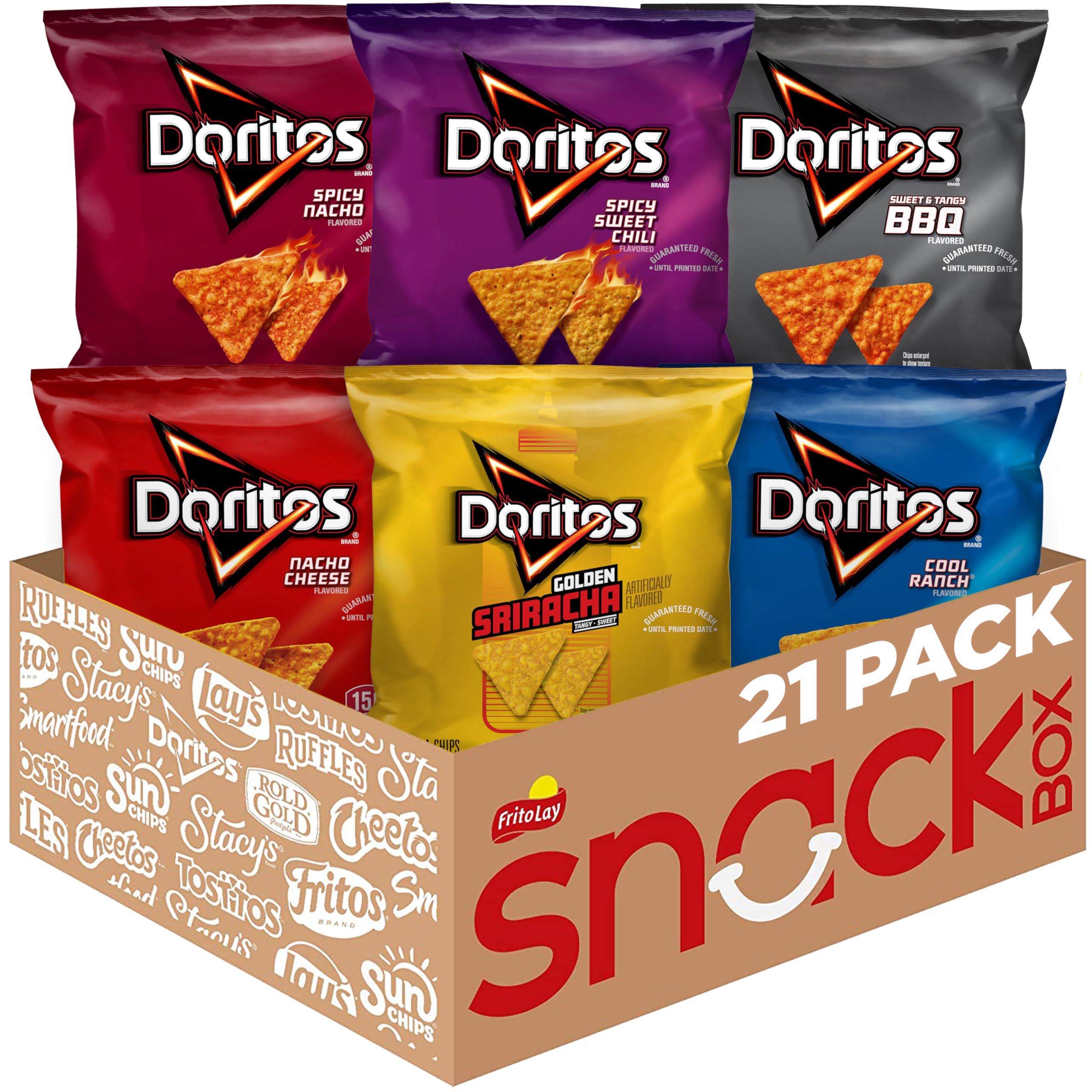 Doritos variety pack front view showing 21 bags and flavor variety for gatherings