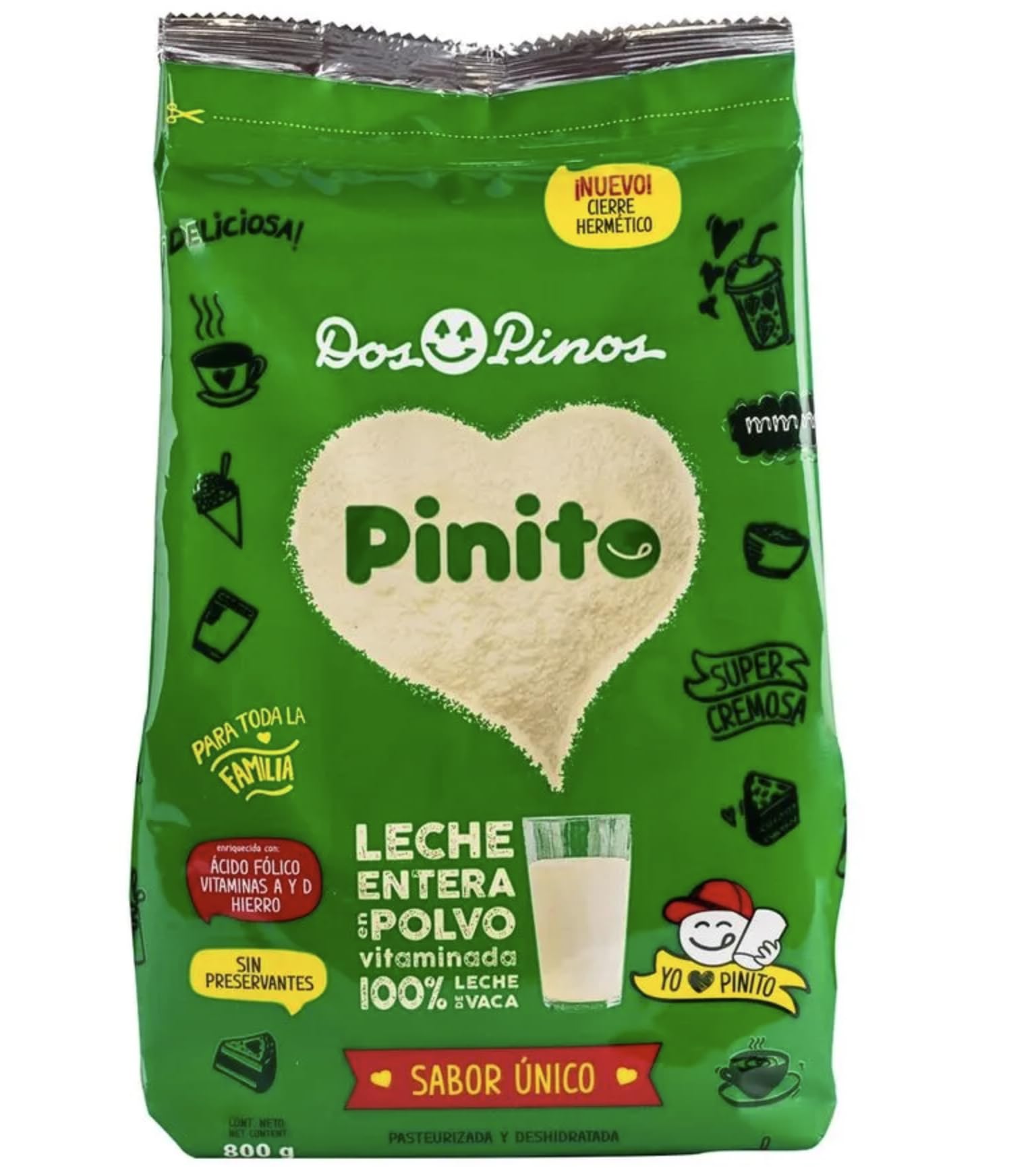 Dos Pinos Pinito front packaging showing product and family-size benefit