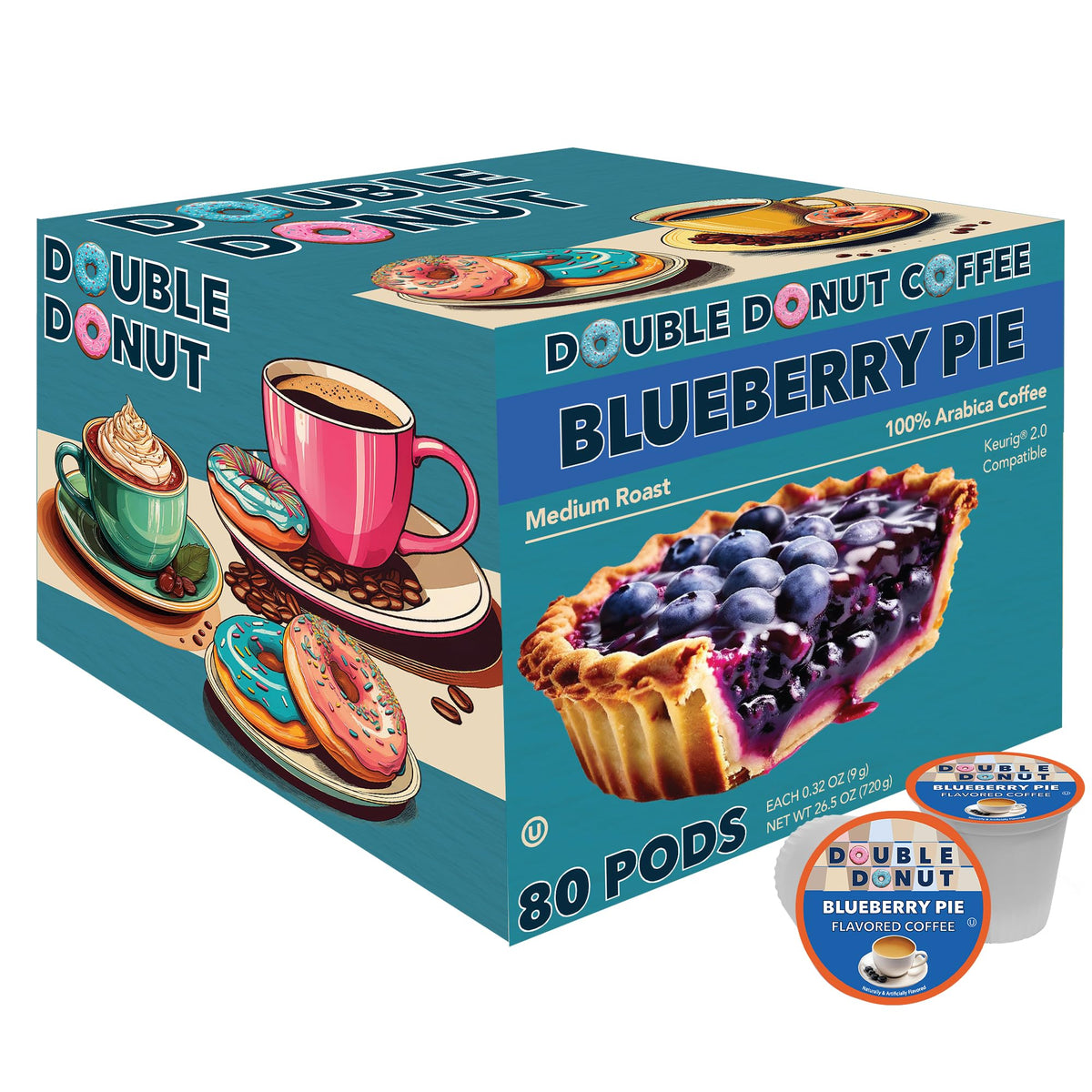 Double Donut front packaging showing 80-count Blueberry Pie pods and convenience