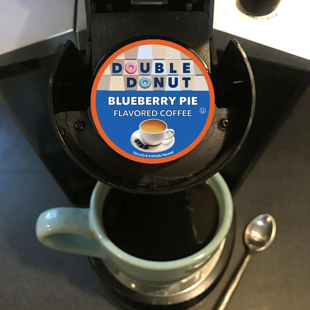 Double Donut lifestyle breakfast scene with Blueberry Pie coffee enhancing mornings