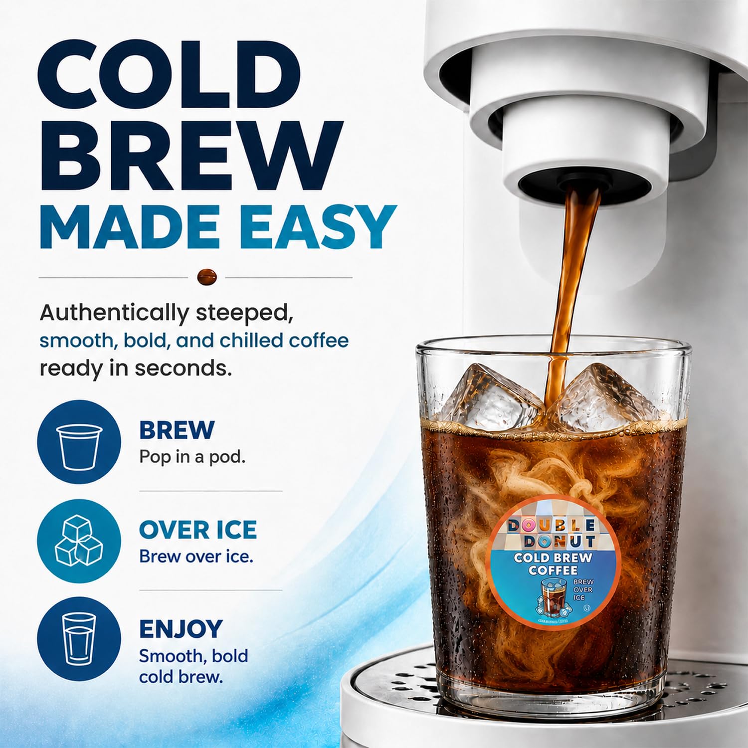 Double Donut brewed over ice glass showing immediate chilled cold brew enjoyment