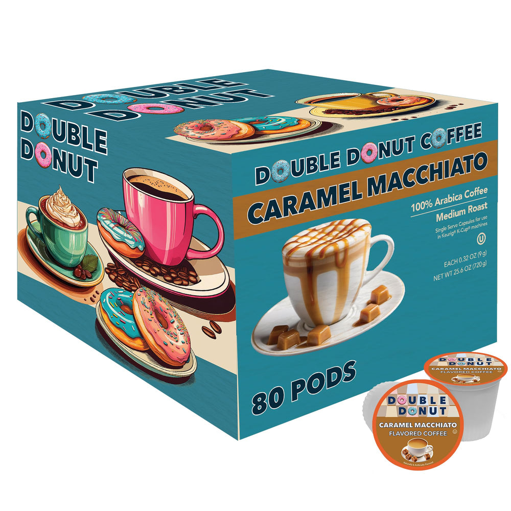Double Donut front packaging showing caramel macchiato pods and brand appeal