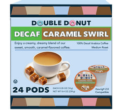 Double Donut box front view showing caramel swirl branding and 24-count convenience