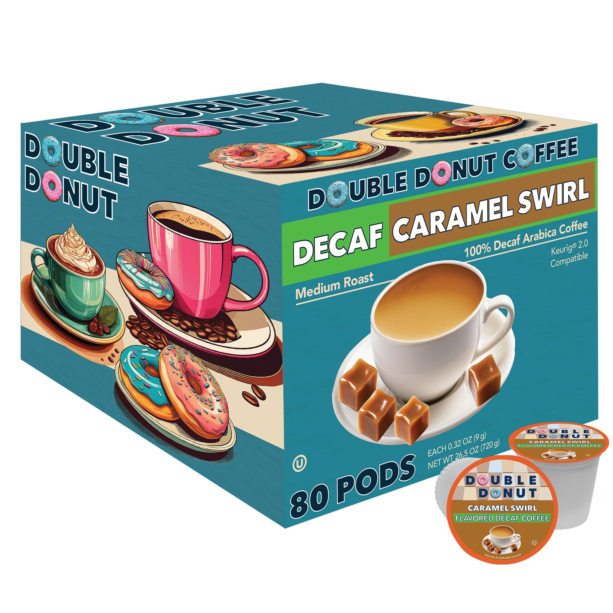 Double Donut front packaging showing 80 caramel swirl decaf pods and convenience