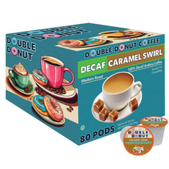 Double Donut front packaging showing 80 caramel swirl decaf pods and convenience