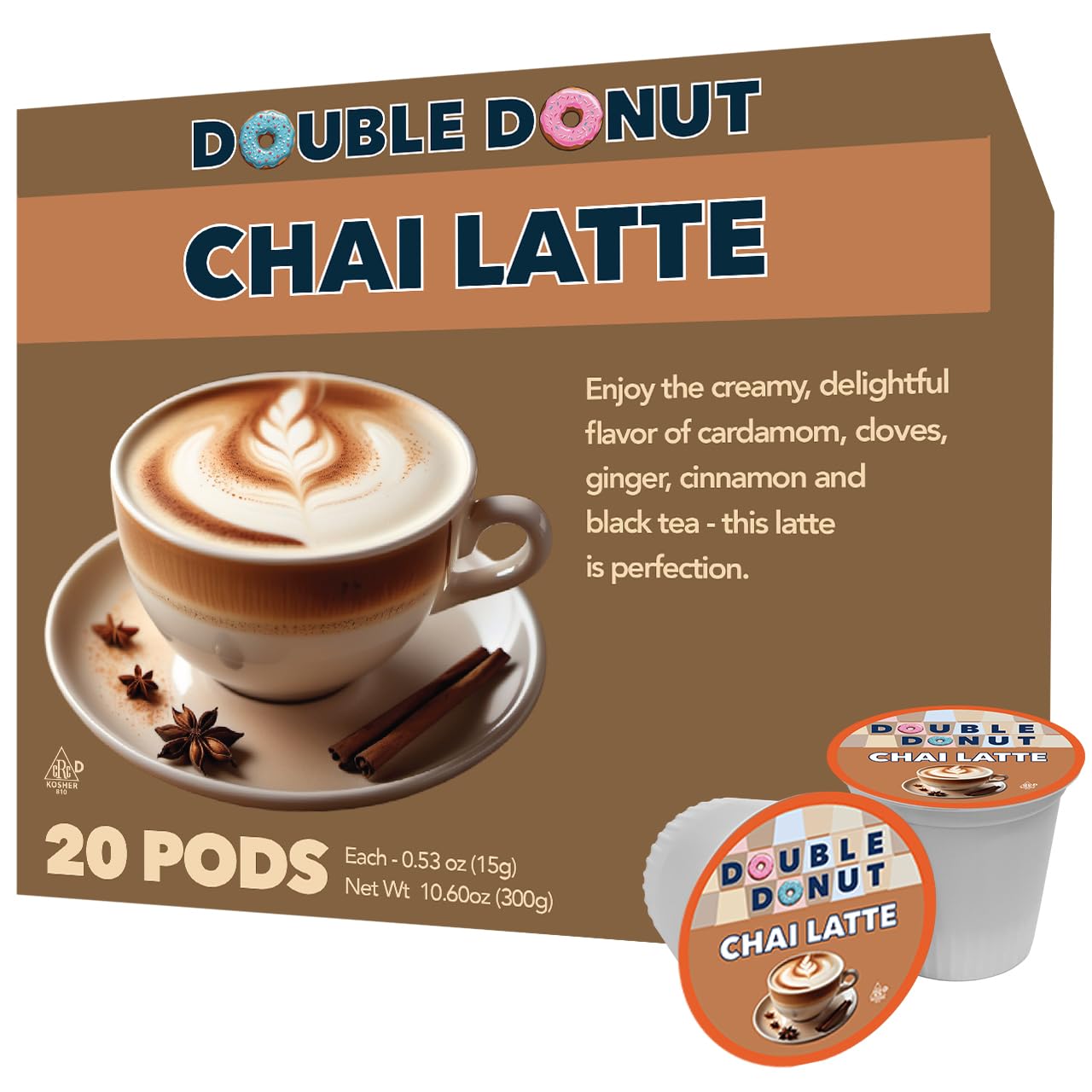 Double Donut box front view showing pods and brand, emphasizing quick brewing benefit