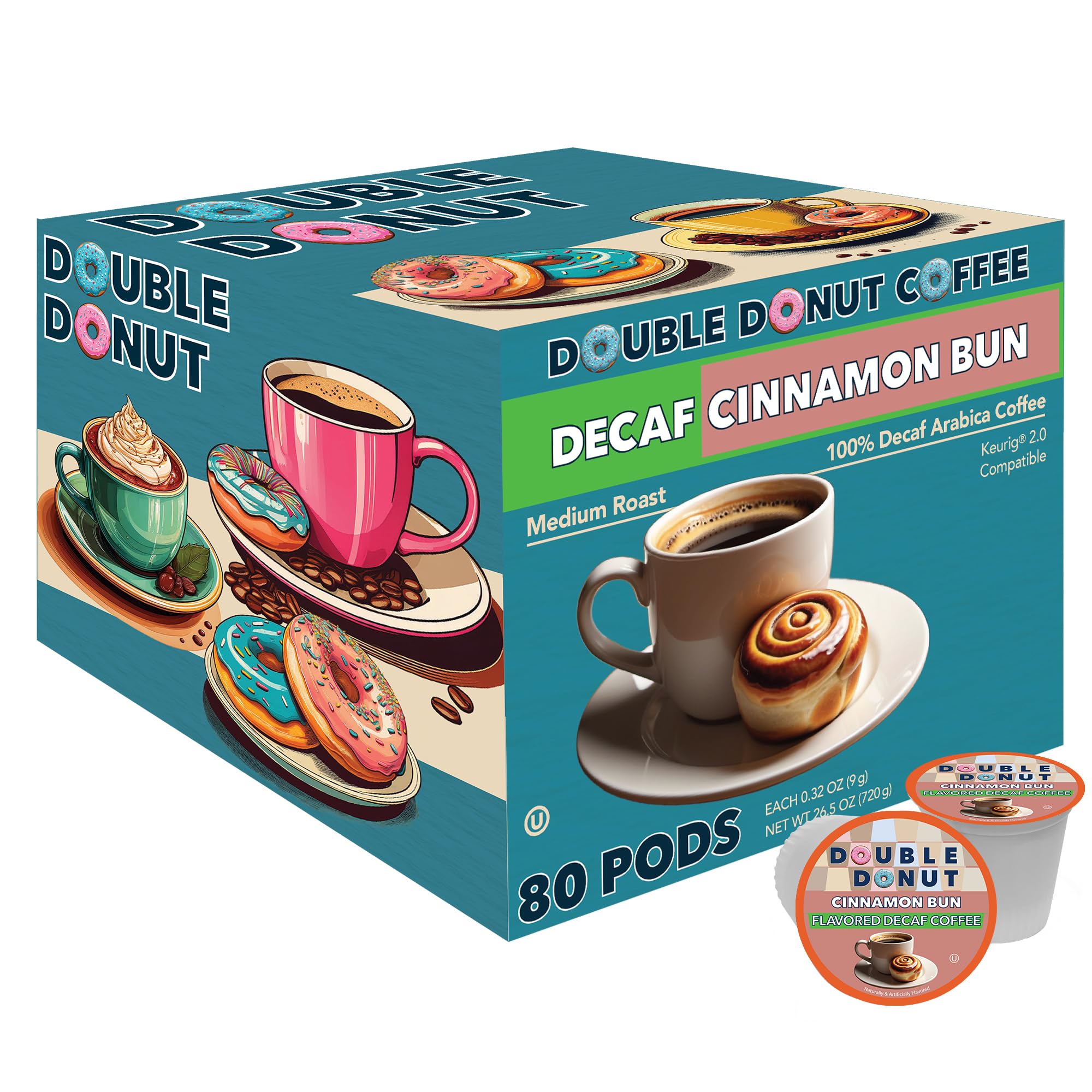 Double Donut front packaging showing 80-count decaf cinnamon bun pods and value benefit