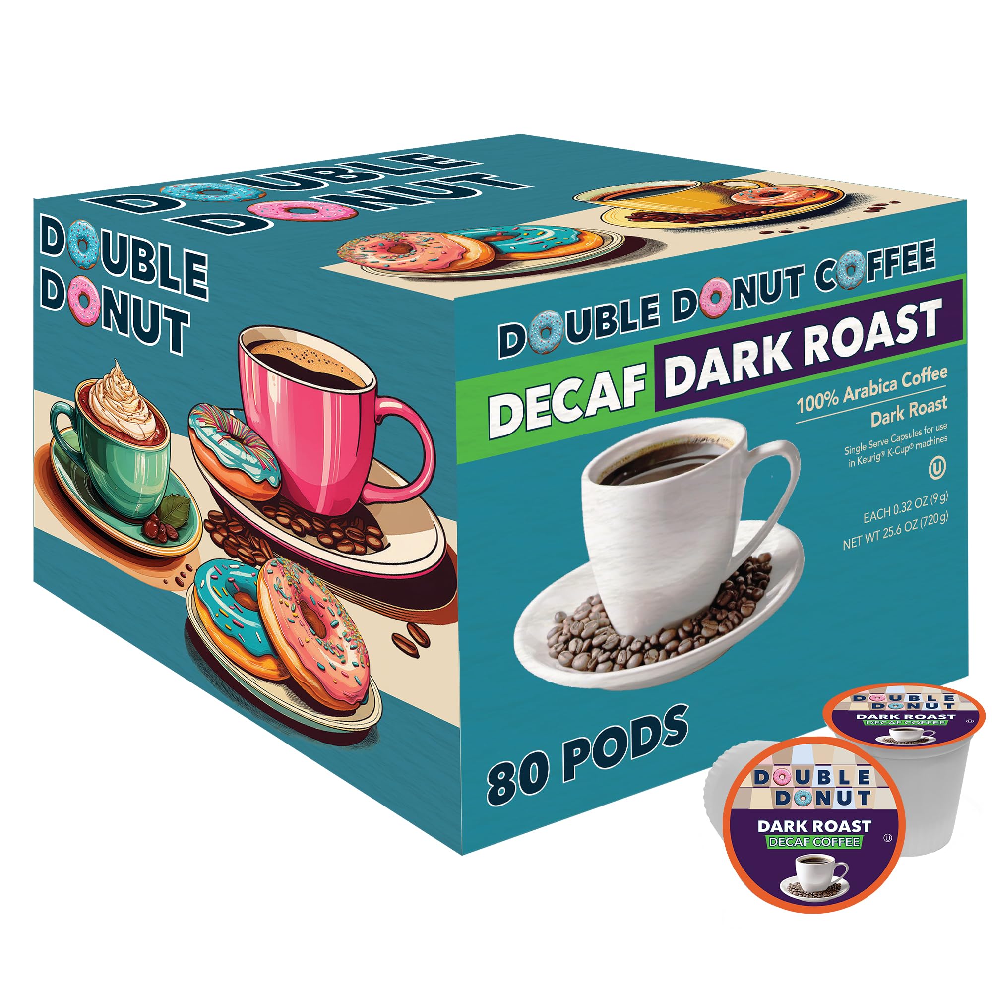 Double Donut decaf dark roast front packaging showing bold blend benefits