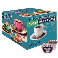 Double Donut decaf dark roast front packaging showing bold blend benefits
