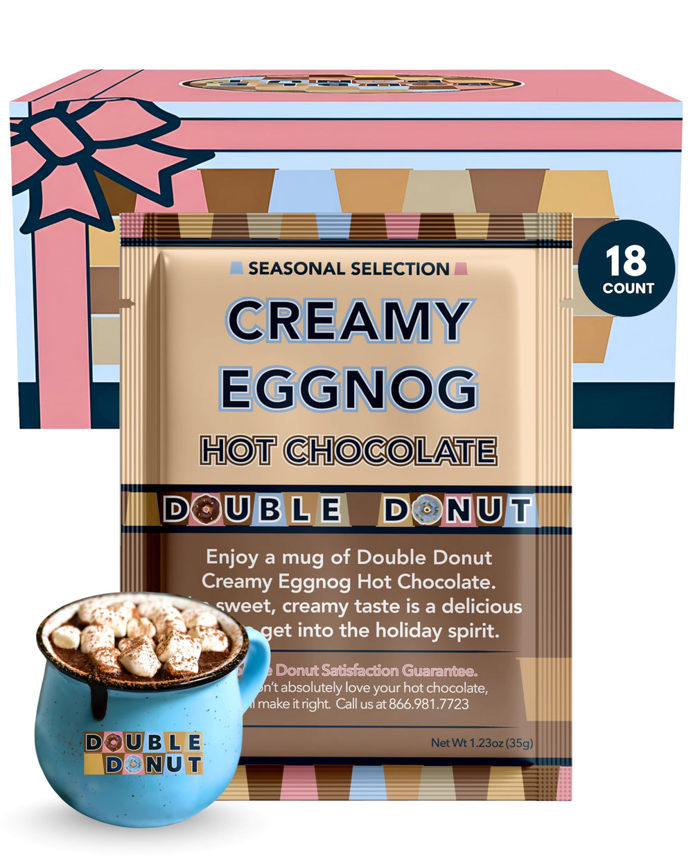 Double Donut front box showing eggnog hot chocolate packets, convenient gifting
