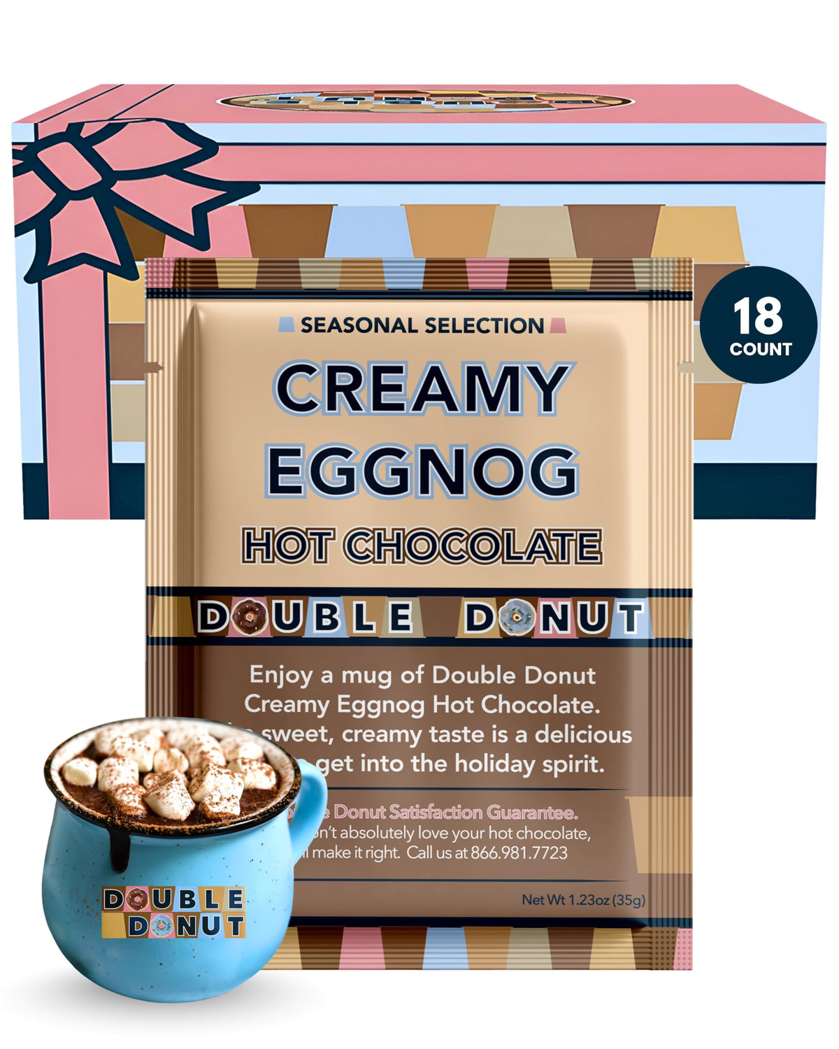 Double Donut front box showing eggnog hot chocolate packets, convenient gifting