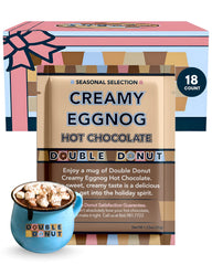 Double Donut front box showing eggnog hot chocolate packets, convenient gifting