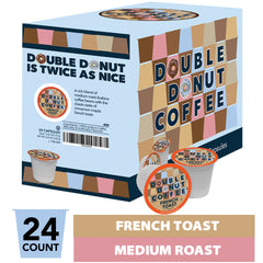 Close-up of Double Donut Coffee single-serve pod showing recyclable lid and easy brewing benefit