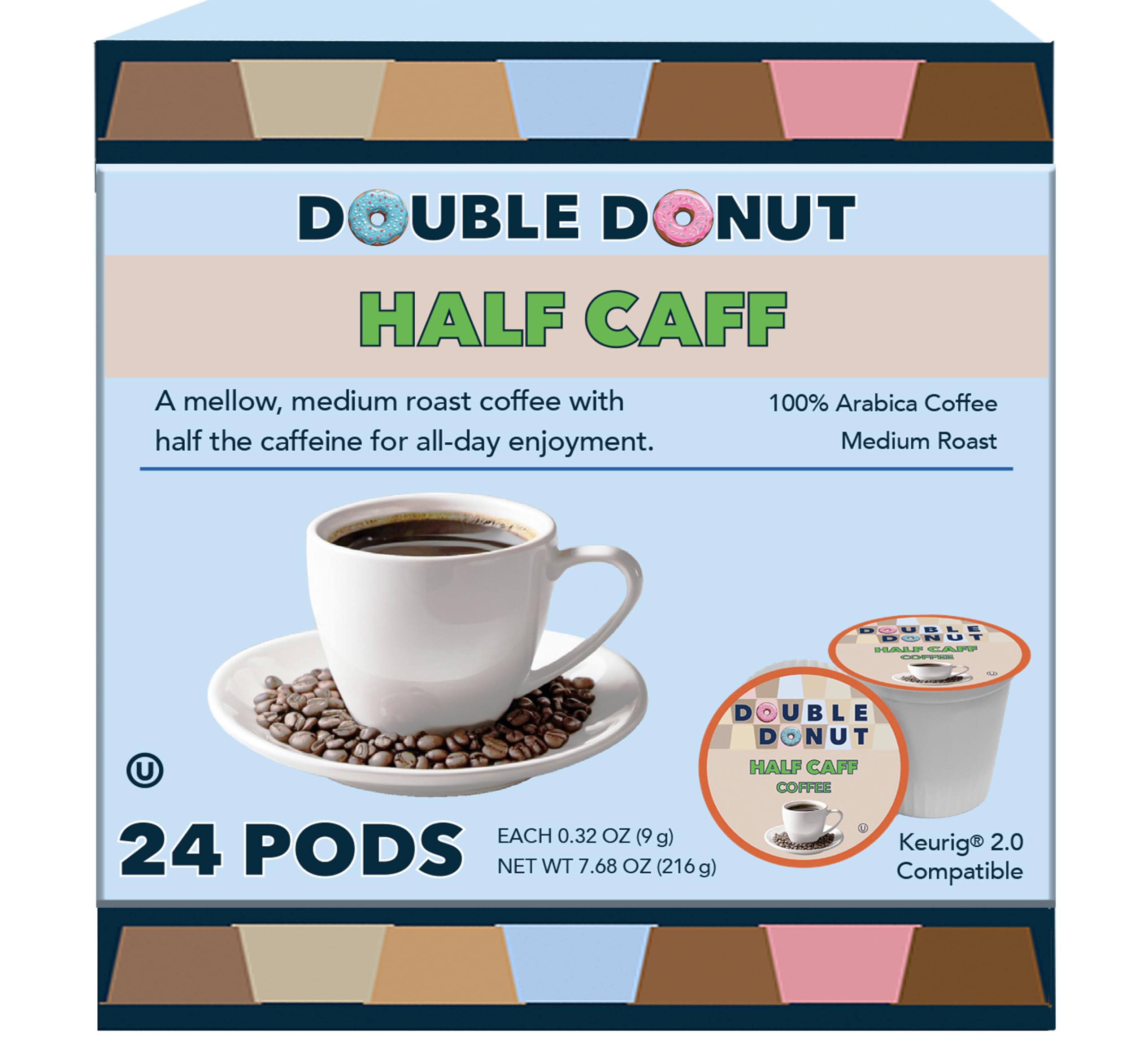 Double Donut Coffee front packaging showing half caff medium roast benefit