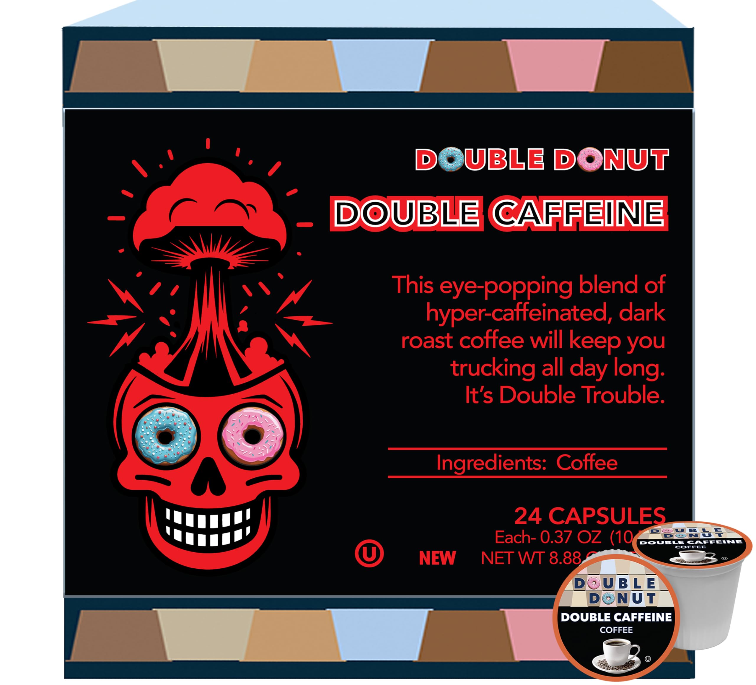 Double Donut front packaging showing 24-count box and bold branding for convenient strong coffee