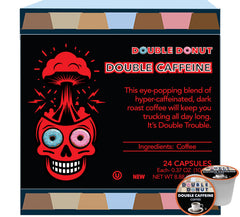 Double Donut front packaging showing 24-count box and bold branding for convenient strong coffee