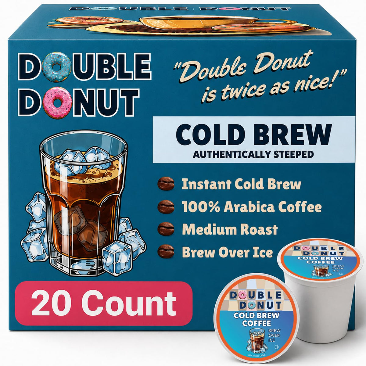 Double Donut front packaging showing 20 cold brew pods and brand clarity for convenience