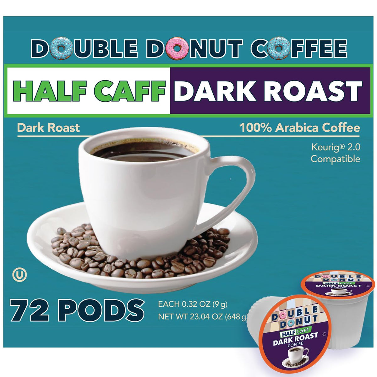 Double Donut Coffee front packaging showing 72-count box and benefits
