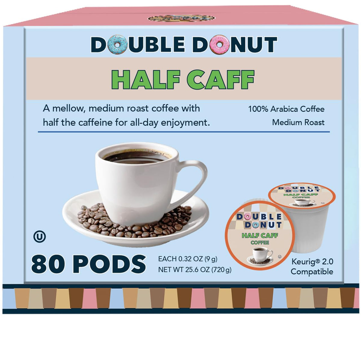 Double Donut front packaging showing 80-count pods and medium roast benefit